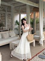 Robe longue en dentelle pour femme, style estival, haut de gamme, broderie élégante, idéale pour les vacances à la plage