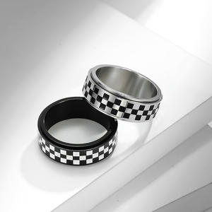 Men's Black White Checkered Titanium Steel Rotating <b>Ring</b> Geometric Design Index Finger Jewelry Gift - Product Image 1