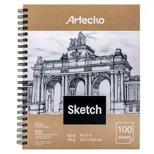 Artecho 9x12"Sketch Book, 100 Sheets (60 lb/90gsm), Spiral Bound, Art Supplies Sketch Pad, Natural White Paper