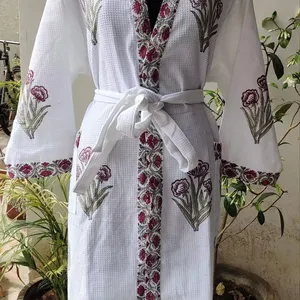 100% вафли кимоно Банный халат ручной работы с цветочным принтом Женское ночное пальто длинное пальто ручной работы Премиум