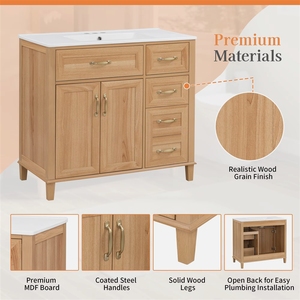 <span class=keywords><strong>Meuble</strong></span>-lavabo de salle de bain 36 pouces avec <span class=keywords><strong>vasque</strong></span> en céramique, finition grain de bois, pieds en bois massif, portes à fermeture douce, couleur naturelle - Product Image 4