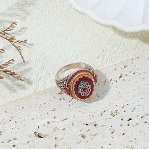 Bagues Chevalières Turques ZhuQian en Alliage Plaqué Argent, Motifs Sculptés Vintage, Incrustées de Zircon Noir et Rouge Foncé pour Hommes – Vente en Gros - Product Image 6