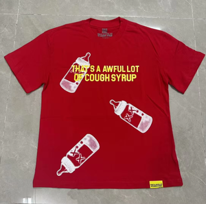 T-shirt a maniche corte in puro cotone di alta qualità, stile streetwear europeo-americano, con stampa 'THAT'S AWFUL LOT COUGH SYRUP' - Product Image 1