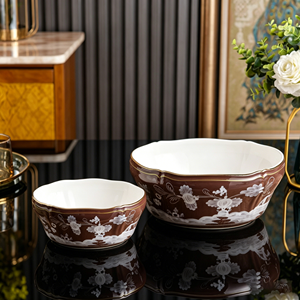 Juego de tazones de cerámica irregulares estilo italiano de 8+10 pulgadas, tazones de ensalada de porcelana con flores pintadas a mano, caja de regalo, vajilla para el hogar - Product Image 1