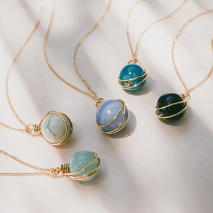 Gemstone <b>Necklaces</b> | 18K PVD Gold Plated Stainless Steel Wire-Wrapped Natural Stone Celestial Sphere Planet Pendants - Product Image 4