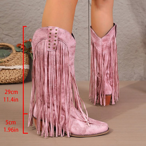 Botas vaqueras de mujer estilo western, de invierno, a media pantorrilla, con punta puntiaguda, remaches, borlas, tacón cuadrado, suela de goma, botas altas hasta la rodilla - Product Image 4