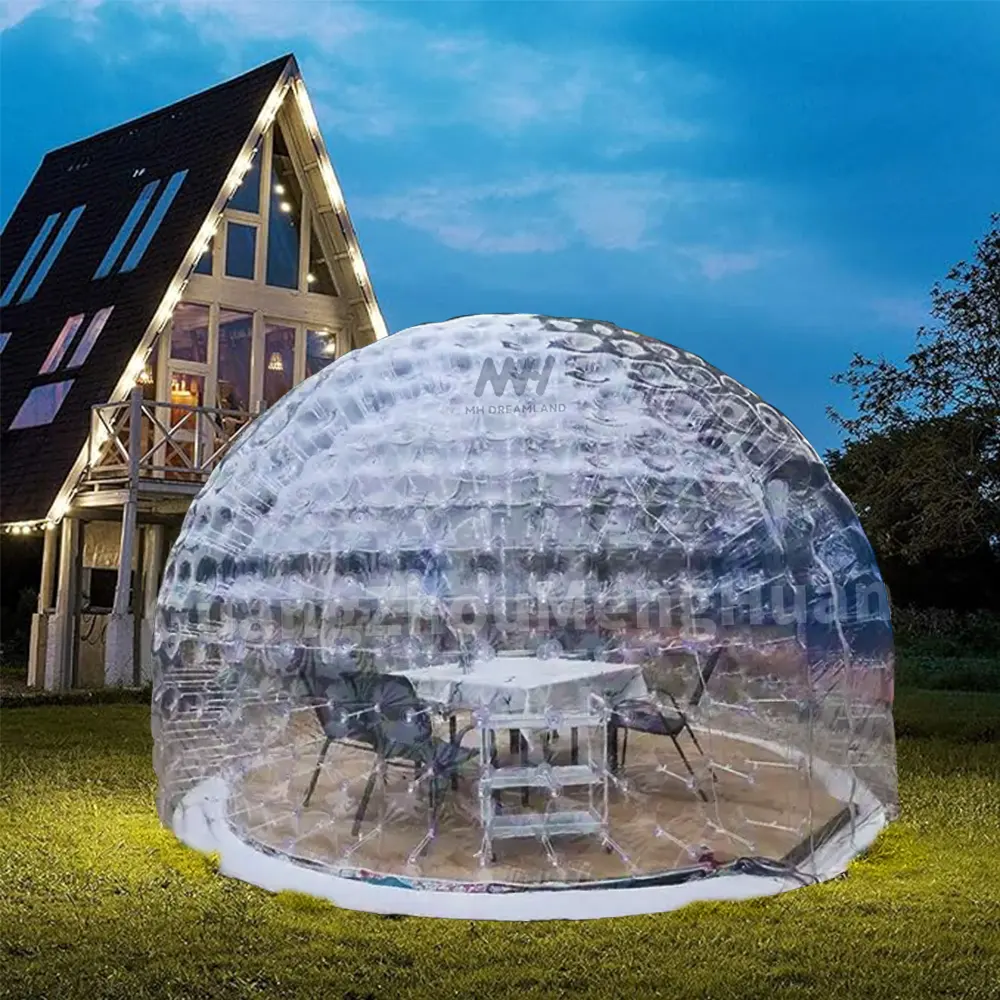 Gloo tenda transparan tiup, tenda udara Rumah gelembung bening 360 tenda kubah dengan dekorasi lampu LED untuk pesta