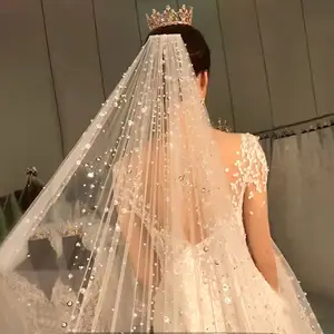 2022 hot sale Korean pearl rhinestone trailing bride shiny veil wedding 3.5m cathedral embroidered bridal veils