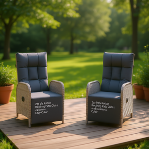 Chaises de patio inclinables en polyrotin avec coussins, couleur grise, mobilier de jardin extérieur, design moderne, style contemporain - Product Image 2