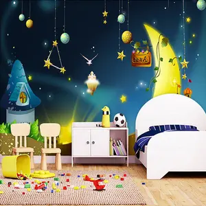 Custom Eco-friendly Non-woven Wallpaper Boys And Girls Bedroom Background Wall Mural Universe Star Cartoon Theme Wallpaper Roll