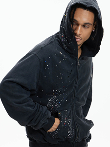 Sweat à capuche zippé pour homme, style streetwear hip-hop, effet vieilli, avec strass perlés, motif imprimé ODM, collection automne, personnalisable avec logo - Product Image 5