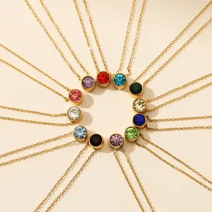 Dainty Stainless Steel Colorful Crystal Rhinestone Pendant Necklace 18K Gold Plating Twelve Colors Round Zircon Necklace
