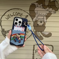 Tschick mignon denim tissu brodé ours en peluche portefeuille étui de téléphone adapté pour iPhone 16 15 14 13 Pro Max lanière couverture arrière