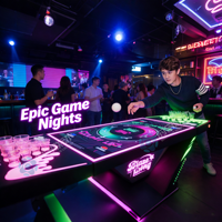 Table de beer pong interactive en métal moderne avec lumières LED, effets sonores et jeux multiples pour bars et soirées