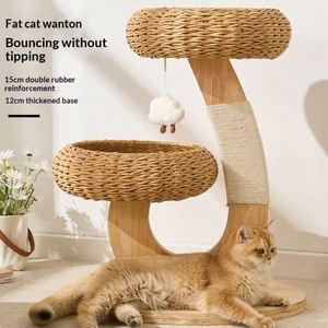 Arbre à chat moderne en rotin à deux niveaux avec paniers tressés, tour à chat en bois et griffoir en sisal pour la décoration intérieure - Product Image 4