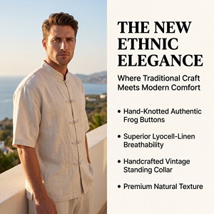 Chemise Homme Style Chinois Ethnique en Tissu Mélange Lyocell et <span class=keywords><strong>Lin</strong></span>, Boutons Grenouille, Manches Courtes Vintage, Chemise Décontractée d'Été, Sourcing B2B - Product Image 2