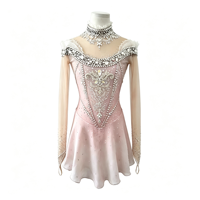 Robe de patinage artistique rose à col haut et manches longues, en tissu maillé avec strass pour enfants et adultes, pour compétitions et spectacles sur glace