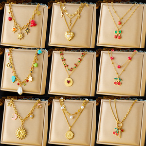 Fashion Layered Necklace Double Chain Cherry Heart Pendant Gold Tone Stainless Steel Gift Jewelry - Product Image 5