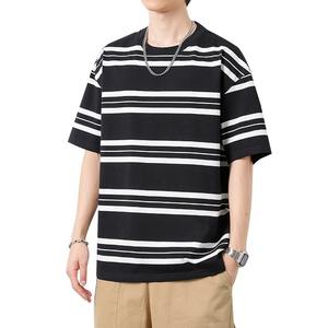 Japanese Retro <b>Black</b> <b>and</b> <b>White</b> <b>Striped</b> <b>T</b>-<b>Shirt</b> for Men, Summer Small Neckline Cleanfit Short American Style Pure Heavyweight - Product Image 5