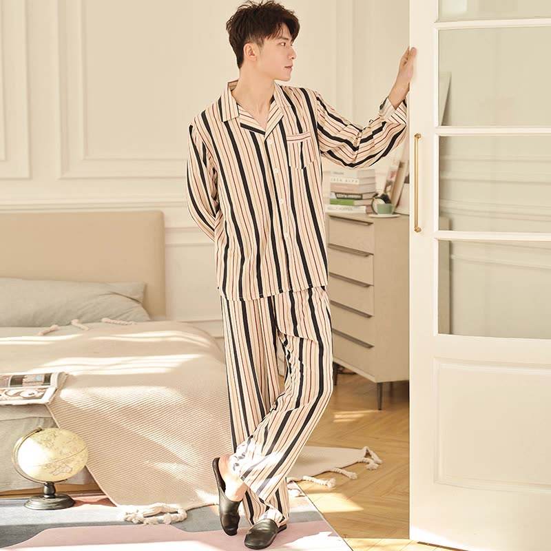 Wholesale Striped Sleep Shirt For Man Long Pants Satin Casual Loungewear Men's Pajamas Sets 