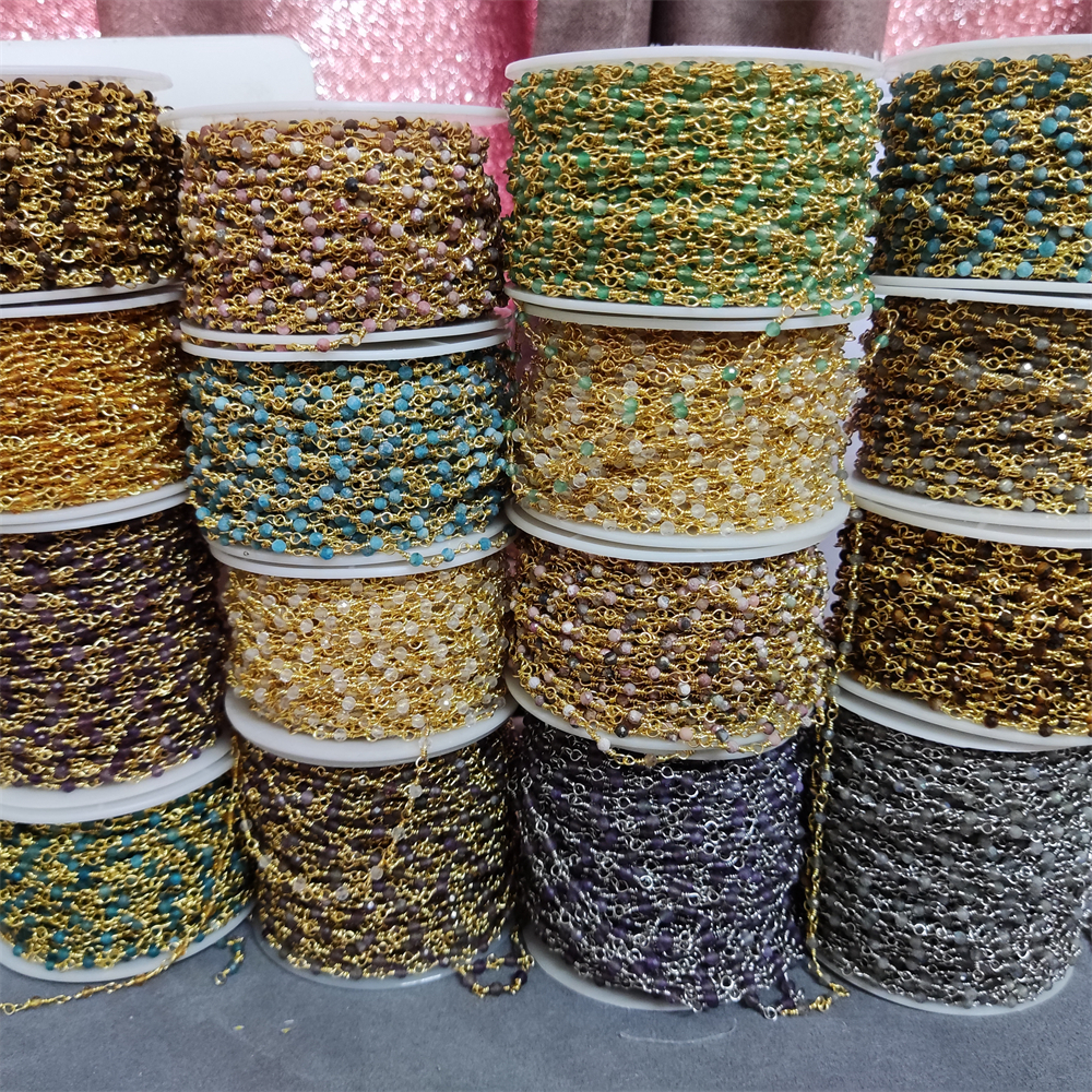 Top Selling Natural Gemstone Beaded Gold Plated Jewelry Making Round Shape Faceted Bead Rosary Chain DIY Necklace Jewelry Making