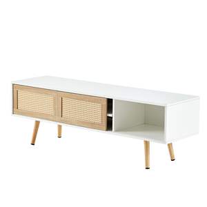 Mueble de TV de Ratán Blanco de 55.12 Pulgadas con Puertas Corredizas Dobles, Estante Ajustable, Muebles de Sala de Estar Modernos de Mediados de Siglo - Product Image 5