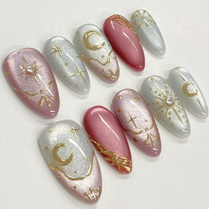 30 faux ongles à presser longs, motif Constellation Lion, effet œil de chat, dégradé jaune, feuille d'or, respectueux de la peau, festifs, vente en gros - Product Image 1