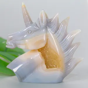 Nuovo prodotto di cristallo naturale lucido agata pietra unicorno figurine intaglio artigianato agata geode