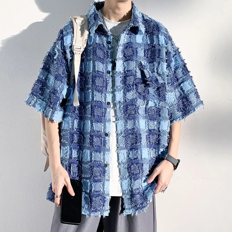 2023 여름 복고풍 짧은 소매 큰 격자 무늬 셔츠 남자의 솔질 반 소매 셔츠 탑 재킷