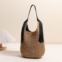 Grand sac fourre-tout tissé grande capacité pour femme, sac à bandoulière bohème en crochet d'été avec deux pompons, sac de shopping écologique en paille de papier
