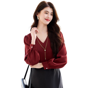 Yellow V-Neck Chiffon Shirt With Wrap Detail Office Wear Women's Blouse Long Sleeve Solid Color Polyester Top - Product Image 5