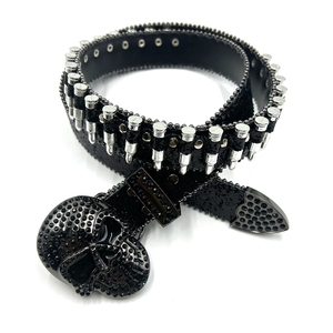Ceinture en cuir PU scintillant de style occidental de balle avec boucle en alliage de tête de mort et ceinture en métal chic en strass - Product Image 2