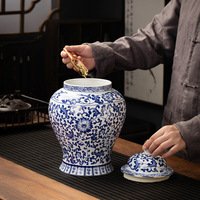 Boîte à thé bleue et blanche, grande jarre en céramique scellée, anti-humidité, style rétro, luxe léger, coffret cadeau, motif lotus entrelacé