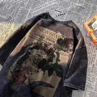 T-shirt décontracté rétro pour homme en coton à manches courtes, imprimé floral, style américain, marque de mode urbaine, effet vieilli, pour l'été