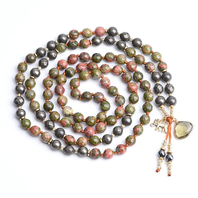 Уникальные ювелирные изделия ручной работы, ожерелье в виде слона с позолотой 14 карат, богемное ожерелье с бисером и любовным узлом на заказ 108 Mala