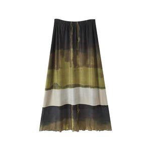 Jupe trapèze Runqi vert champêtre grande taille en mousseline imprimée haute élasticité pour femme N9207 - Product Image 1