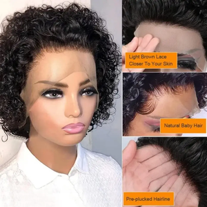 Perruque Coupe Pixie Cheveux Naturels Bouclés Courte <span class=keywords><strong>Bob</strong></span> Perruque Complète en Dentelle Noeuds Blanchis Lace Frontale 13x4 Perruque Pixie Avec Baby Hair - Product Image 2