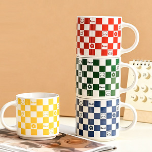 Checkerboard Bear Smiley Face Mug <b>Ceramic</b> <b>Cup</b> 301-400ml Heat Resistant Gift Set - Product Image 2