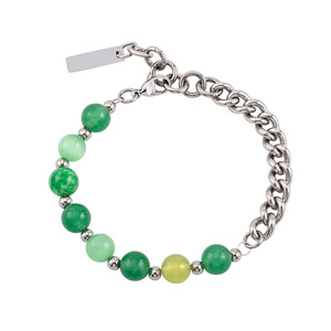 yunnique Men's Titanium Steel Cuban Chain Green Imitation Jade <b>Beaded</b> <b>Bracelet</b> Ball Shape Geometric Design XYB0092 - Product Image 5