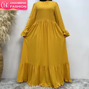 6342 # Gaun Wanita Hem Besar Berlipat Kuning Menakjubkan Gaun Abaya Cantik Lengan Panjang A-line Longgar dengan Ritsleting Belakang