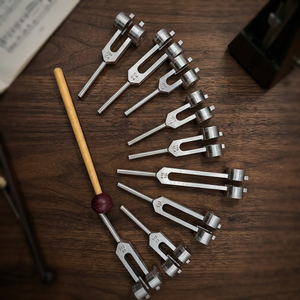 Diapasons sacrés Solfeggio lestés en argent, lot de 9 avec mallette et pochette en velours - Product Image 1