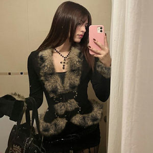 Chaqueta Safari Retro Y2K con Cuello en V |   Cinturón con diseño de patchwork con estampado animal, mezcla de spandex para otoño, hebillas decorativas, resistente al viento - Product Image 1