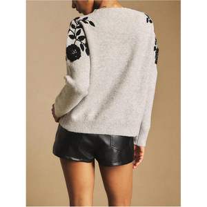 Pull en tricot floral personnalisé pour femme, col rond, manches longues, décontracté, automne-hiver, anti-boulochage - Product Image 1