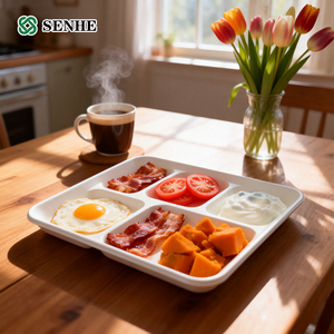 Bandeja de Comida Ecológica, Degradable, 100% Compostable, de 5 Compartimentos, Hecha de Bagazo, Plato de Papel de Caña de Azúcar - Product Image 1