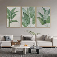 HAOWAI OEM/ODM Art mural vert minimaliste texturé triptyque feuille toile peinture feuille verte Wabi-sabi Art mural Boho décor affiche