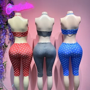 Ensemble deux pièces d'été pour femmes, haut court sans manches à imprimé à pois et pantalon court skinny, ensemble deux pièces pour femmes - Product Image 2
