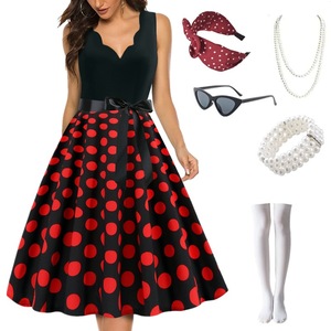 Abito estivo da donna Vintage a pois nero Pinup con scollo a V abiti da festa Rockabilly abiti al ginocchio Robe <span class=keywords><strong>Midi</strong></span> - Product Image 6