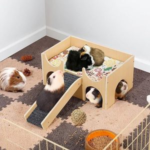 Casa de Madera para Cobayas con Escaleras y Cama, Diseño Floral, Hábitat Transpirable para Animales Pequeños - Product Image 3