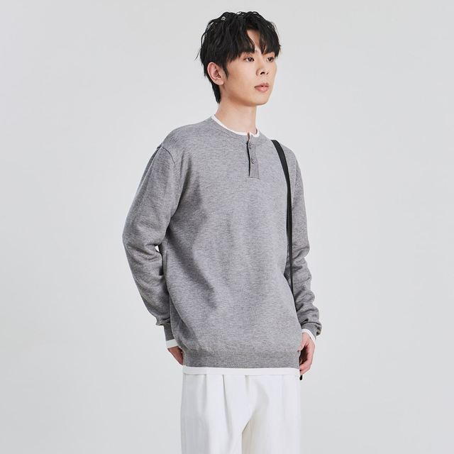 OEM/ODM Men's  High Quality Henley Knit Sweater Layered Collar Modal Blend Casual Long Sleeve Autumn Pullover Top