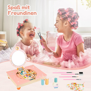 Table de Maquillage Pliante en Bois avec Miroir, Brosse à Cheveux et Accessoires – Jeu d'Imitation pour Garçons et Filles - Product Image 1